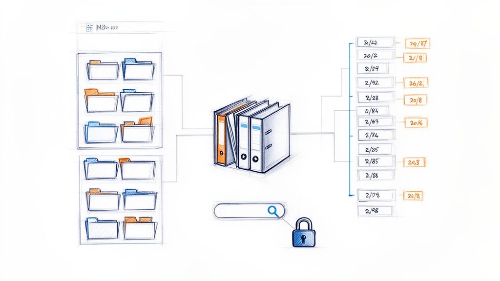 A hand-drawn sketch illustrating a knowledge management system with folders, binders, search, and security.