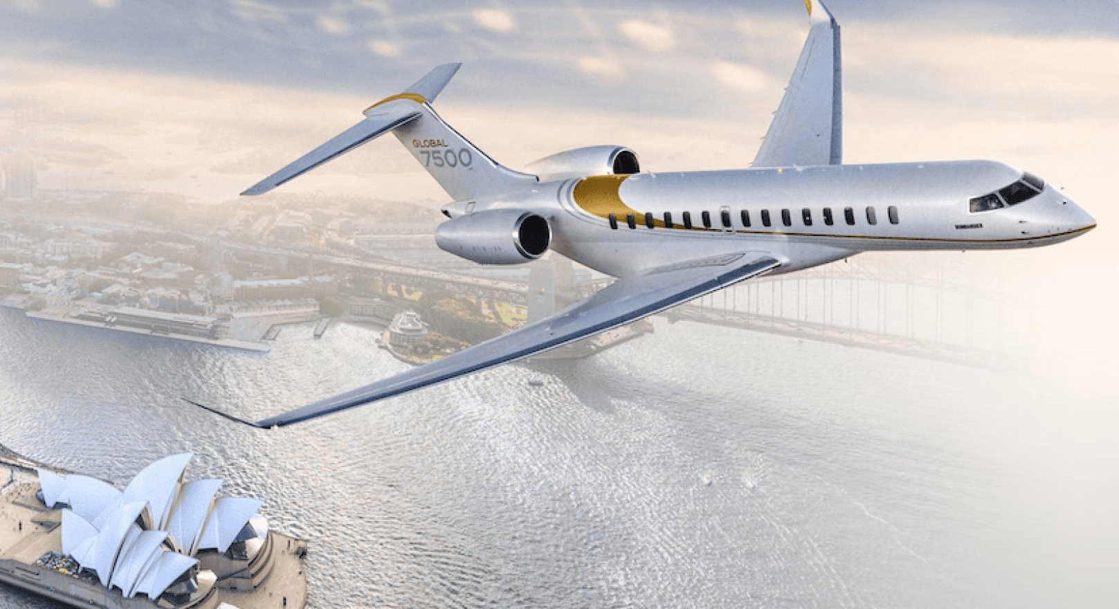 A private plane with a white and gold livery flies over the iconic shell of the Sydney opera house.