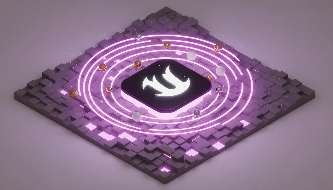 Stylized 3D render in the style of Blender, isometric view of a miniature diorama. The central focus is the Unreal Engine logo on a black, rounded tile, encircled by glowing, semi-transparent pink and purple energy rings. Small spheres of gold, chrome, and matte white orbit the center along these rings. The entire scene rests on an undulating grid of matte gray and light brown cubes of varying heights. A soft purple luminescent light glows from the gaps between the cubes, with tiny white star-like particles scattered throughout. Soft global illumination, matte plastic materials, vibrant and clean aesthetic.