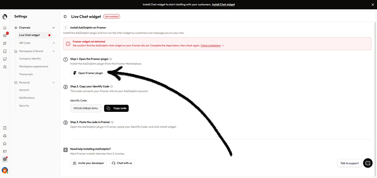AskDolphin installation interface transitioning to external platform setup