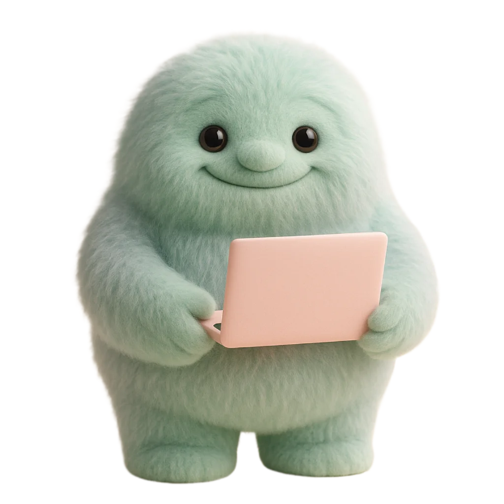 Maskotka Flufi, pluszowy miętowy potworek trzymający laptopa z otwartą stroną internetową