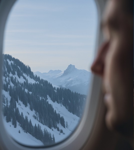 View of snowy mountains from an airplane window