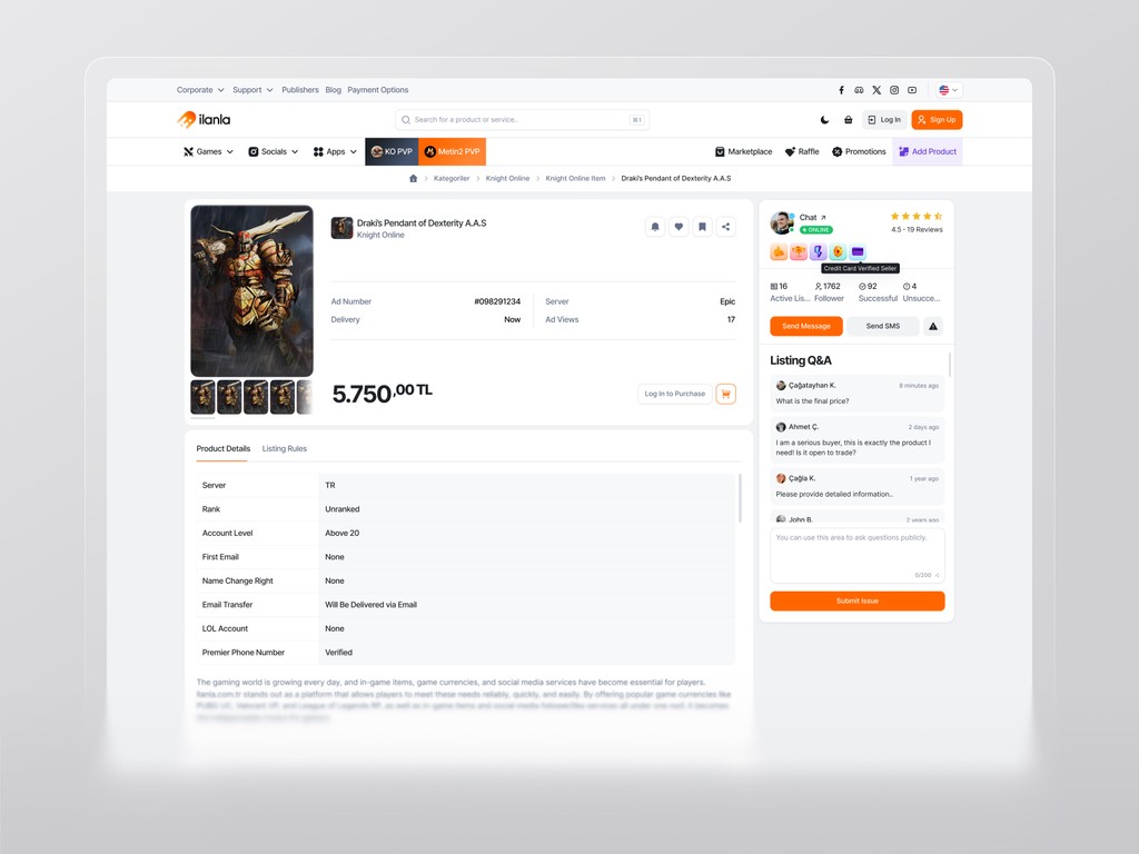 In-game item product detail page of Ilanla with character visuals, pricing info, and Q&A widget on the right