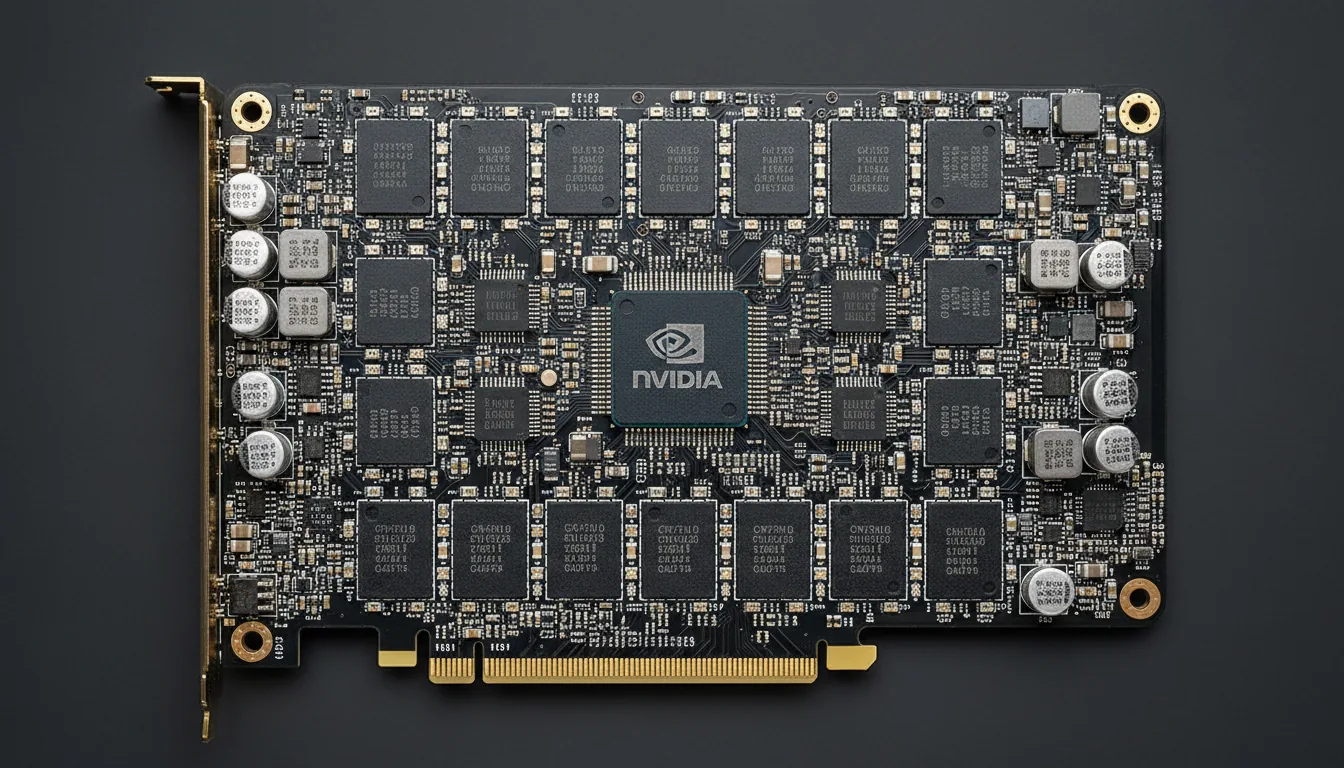 DSLR macro photograph of a modern NVIDIA GPU circuit board, top-down flat-lay view. The matte black PCB is filled with intricate electronic components, including a central processor die, surrounding memory chips, capacitors, and resistors. The entire board is in tack-sharp focus, revealing the textures of the silicon and solder. The composition is clean and analytical, set against a dark background under soft, even studio lighting, highlighting the gold PCI express connector at the bottom.