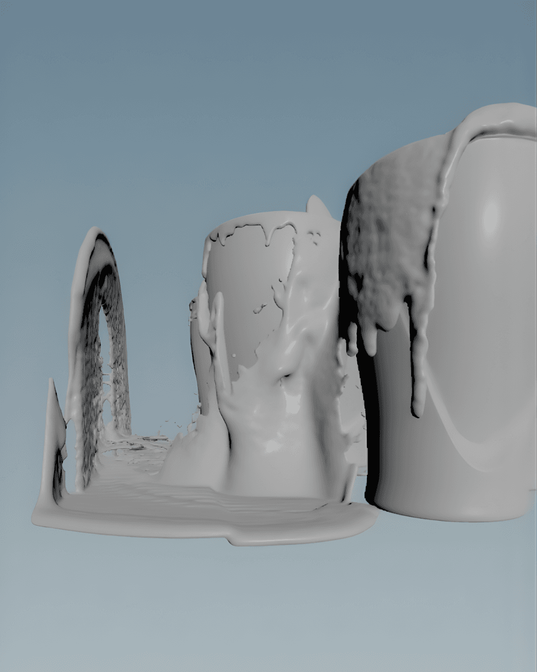 A grayscale 3D scan or photogrammetry model captures the rough geometry of the Guinness pints and foam