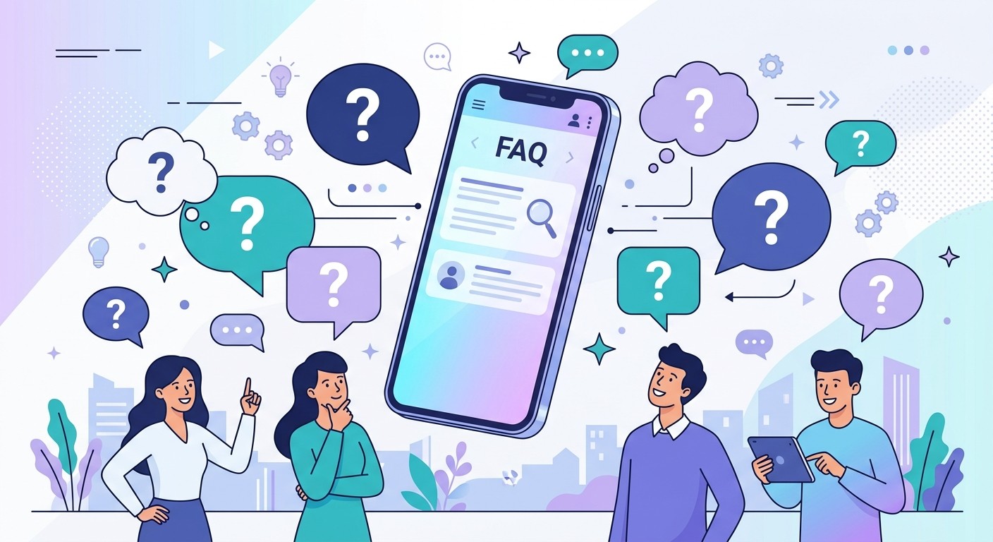 Flat illustration of frequently asked questions with speech bubbles and question marks around a mobile phone