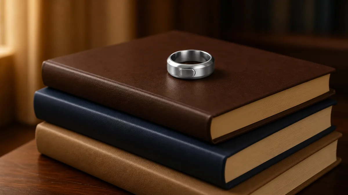 Plain silver smart tasbih ring resting on blank hardcover books in warm study light