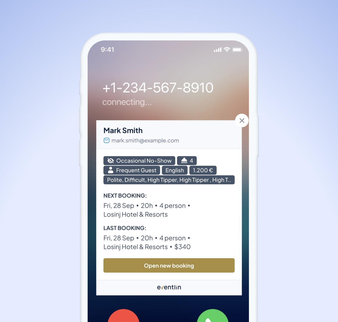 Eventlin Go mobile app interface for enabling real-time guest caller recognition