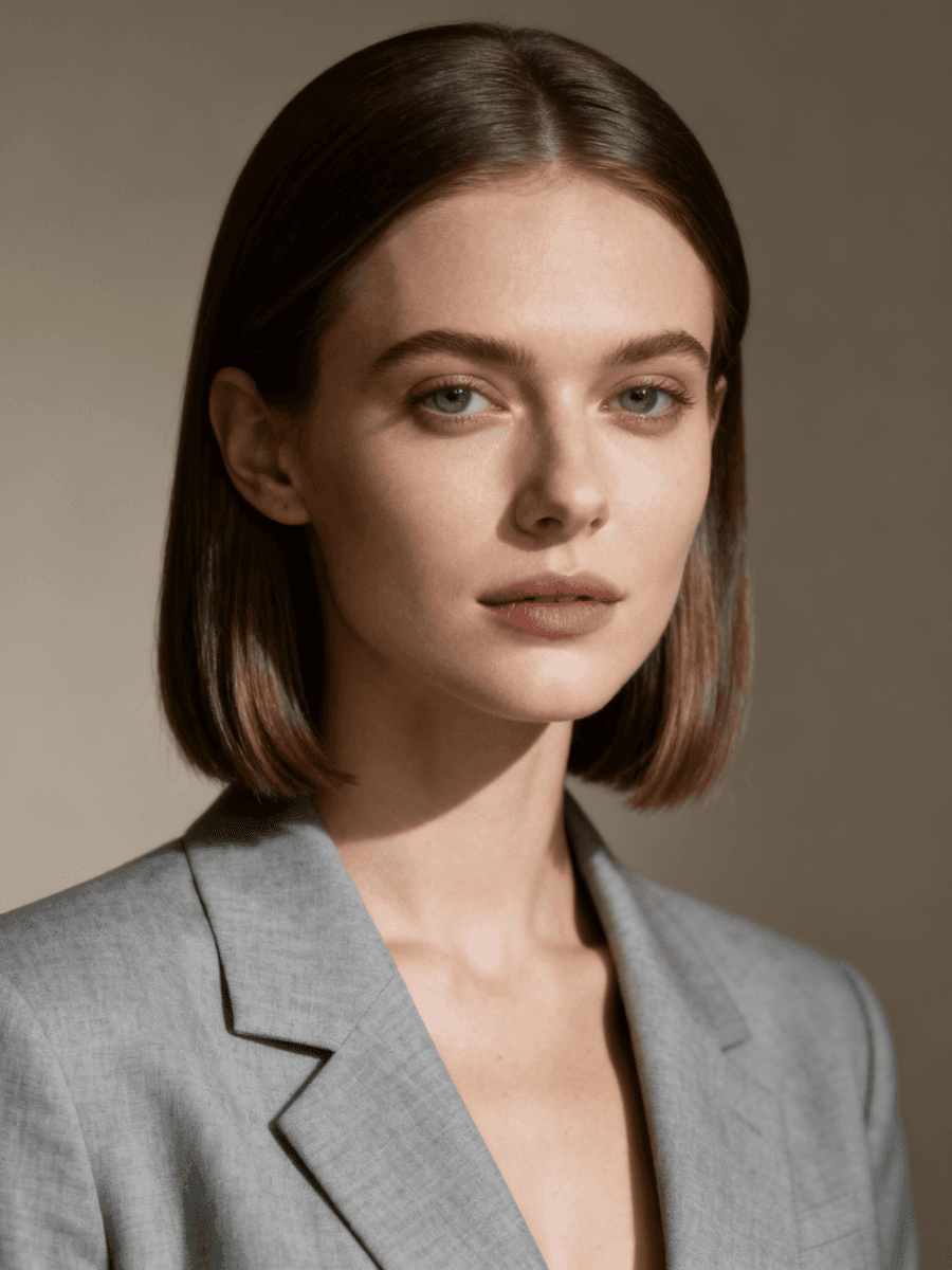 Portrait of woman with curly hair wearing navy blue cardigan over matching top, casual contemporary style on light background