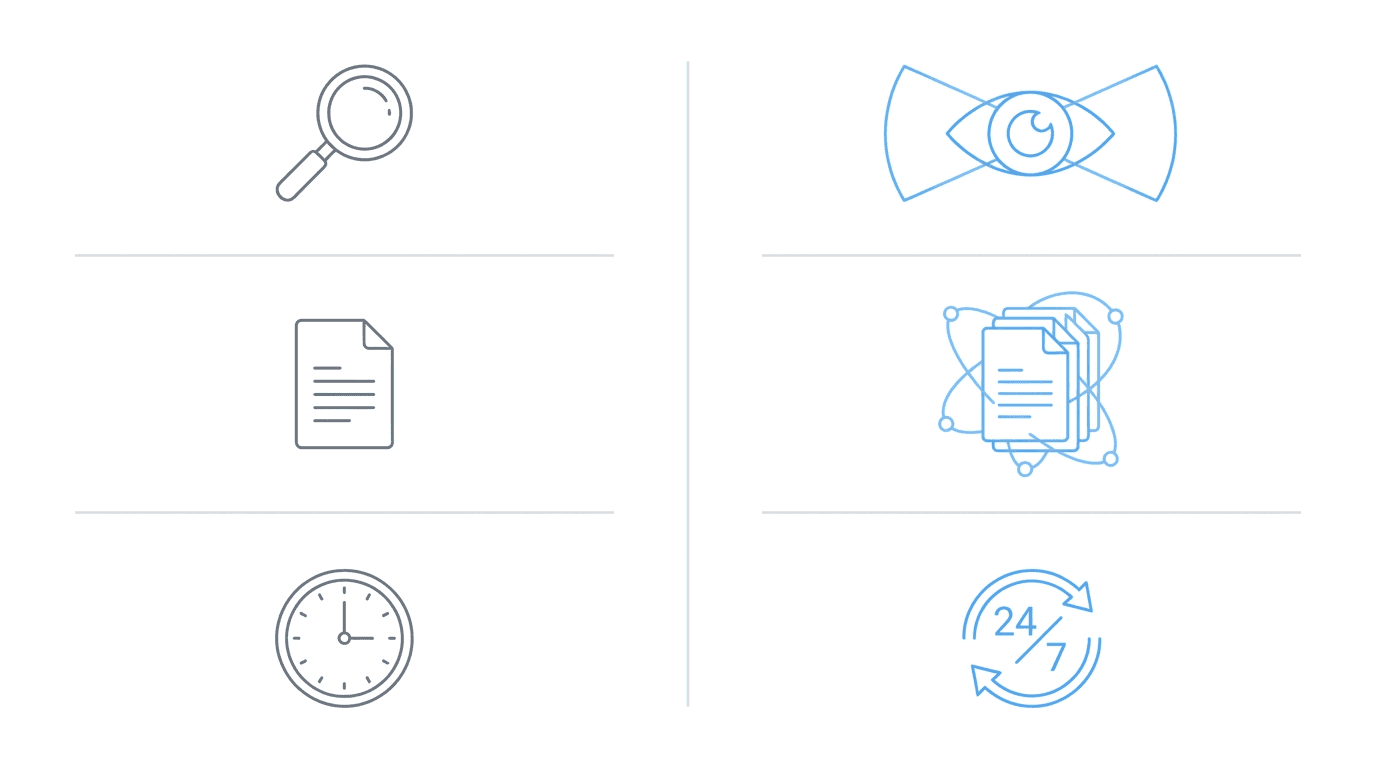 Icon comparison: focused approach vs comprehensive coverage across scope, documents, and timing
