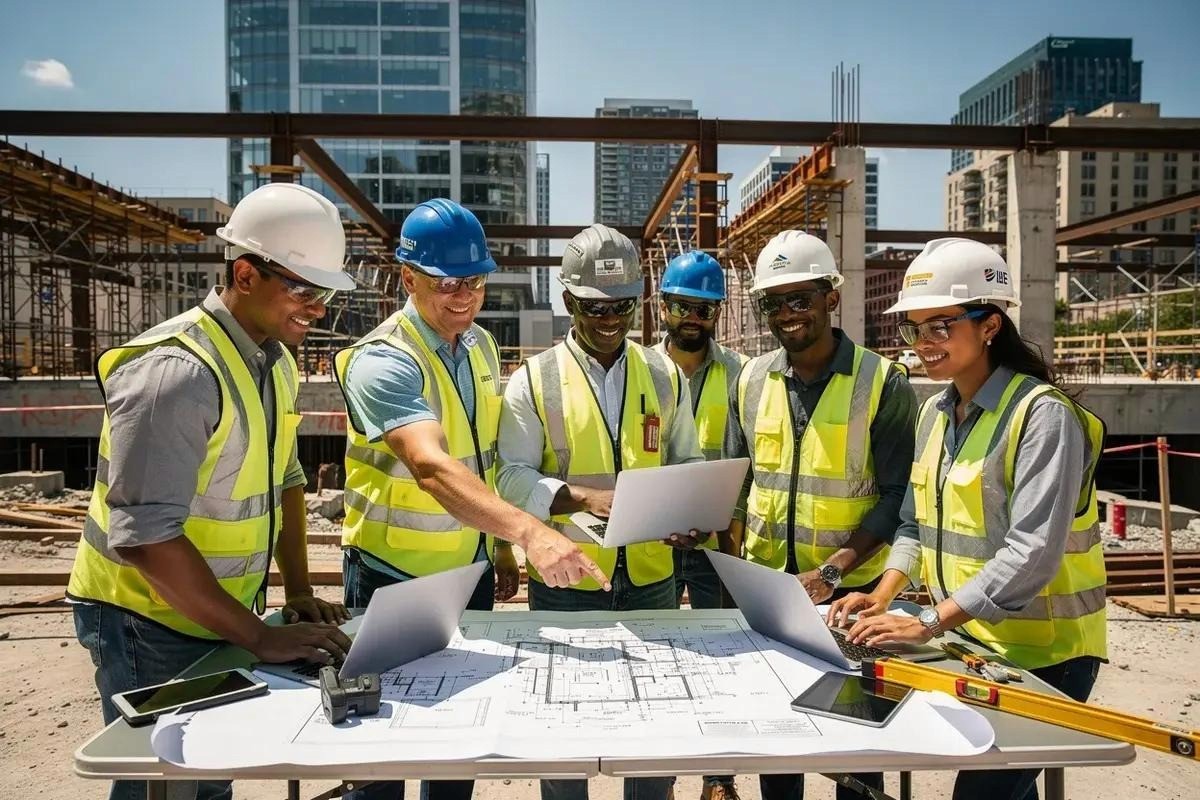 A group of construction workers, wearing hard hats and vests, collaboratively reviewing construction plans and documents amidst a construction site with a backdrop of modern buildings.

AI-generated content may be incorrect.