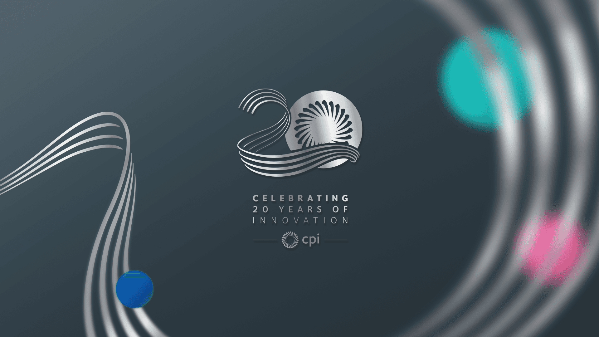 CPI Celebrating 20 Years of Innovation graphic, with a silver ribboned 20 logo and colourful accents on a dark background