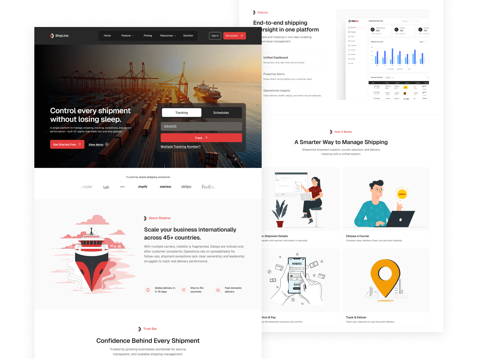 Shipline website layout showing features, workflow, and shipping platform overview.
