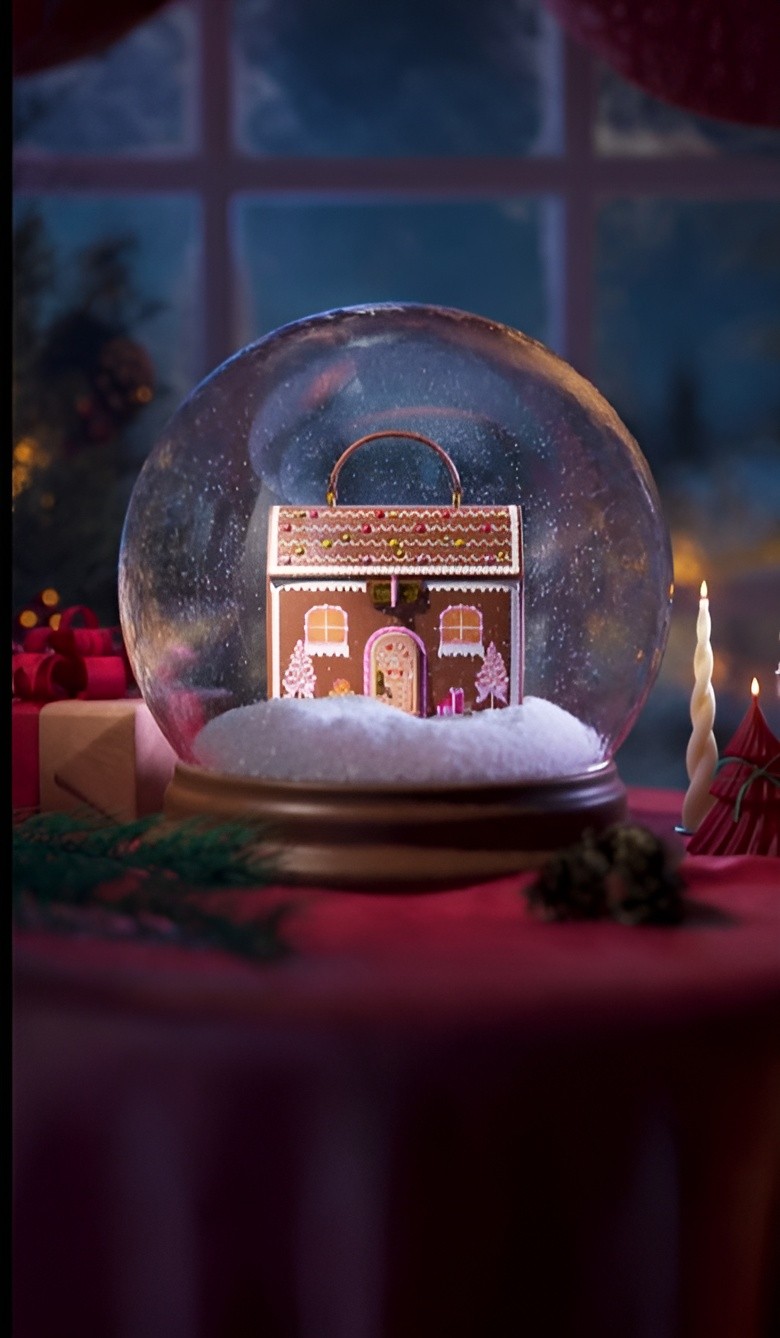 A festive CGI snow globe containing a gingerbread house designed to look like a luxury handbag