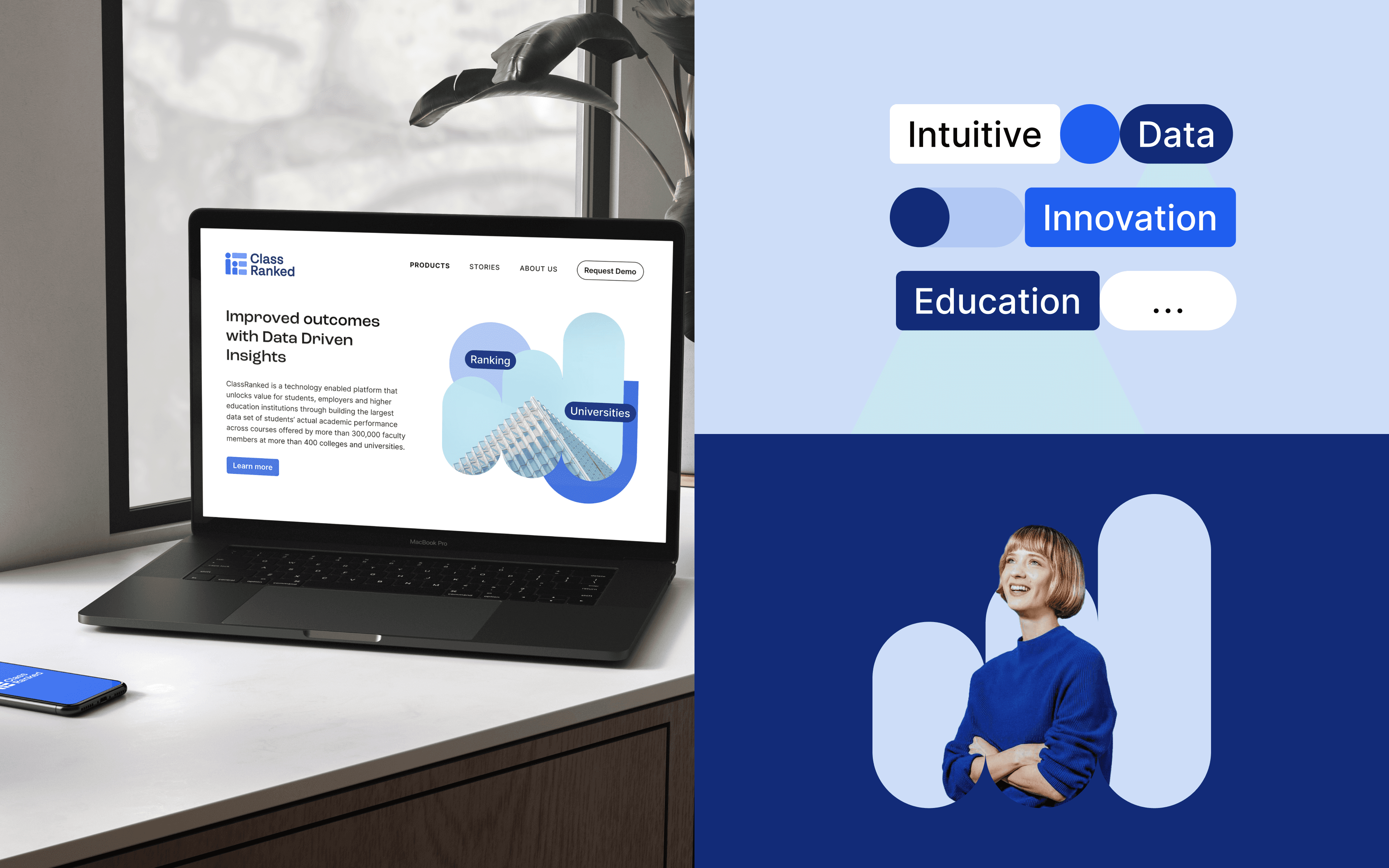 A laptop mockup displaying ClassRanked's logo on the homepage and brand imagery