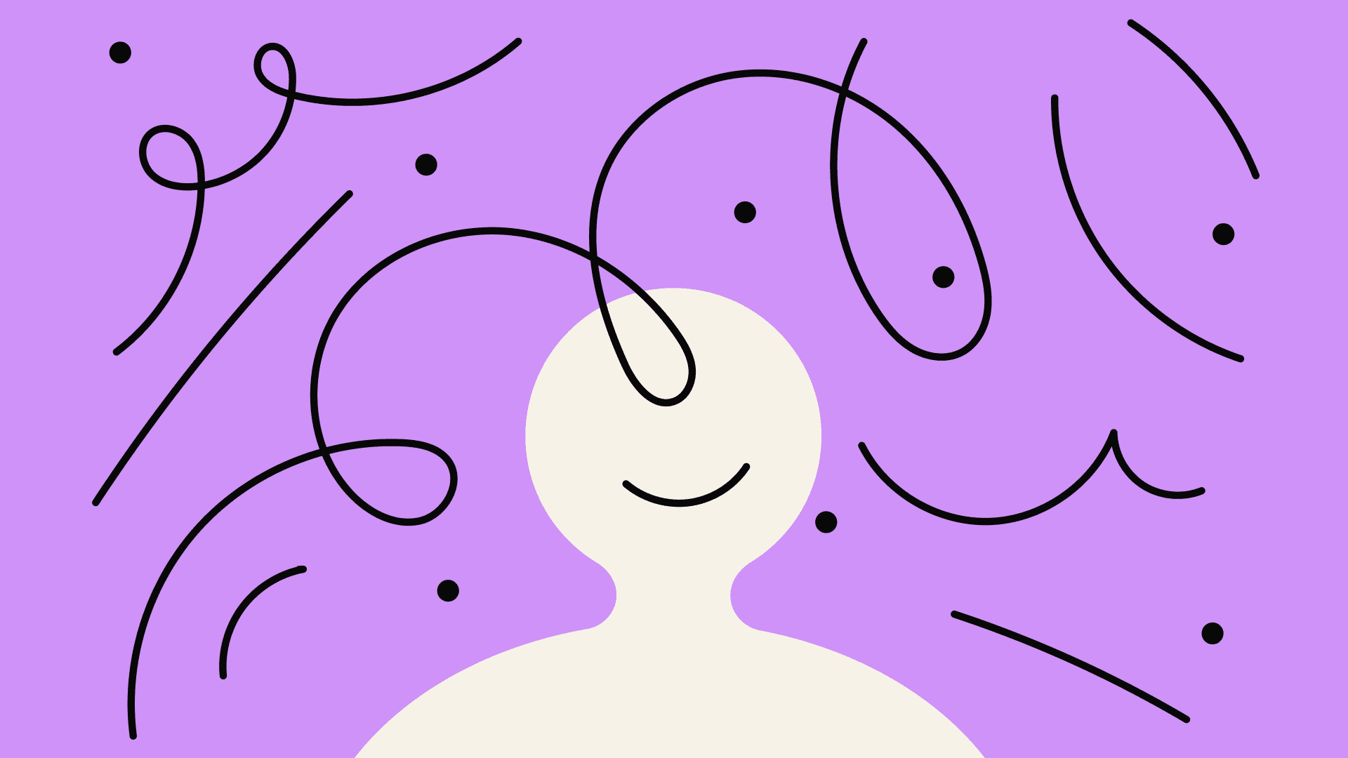 Abstract image of a white figure with a smiling face on a purple background. Black swirling lines and dots create a playful atmosphere.