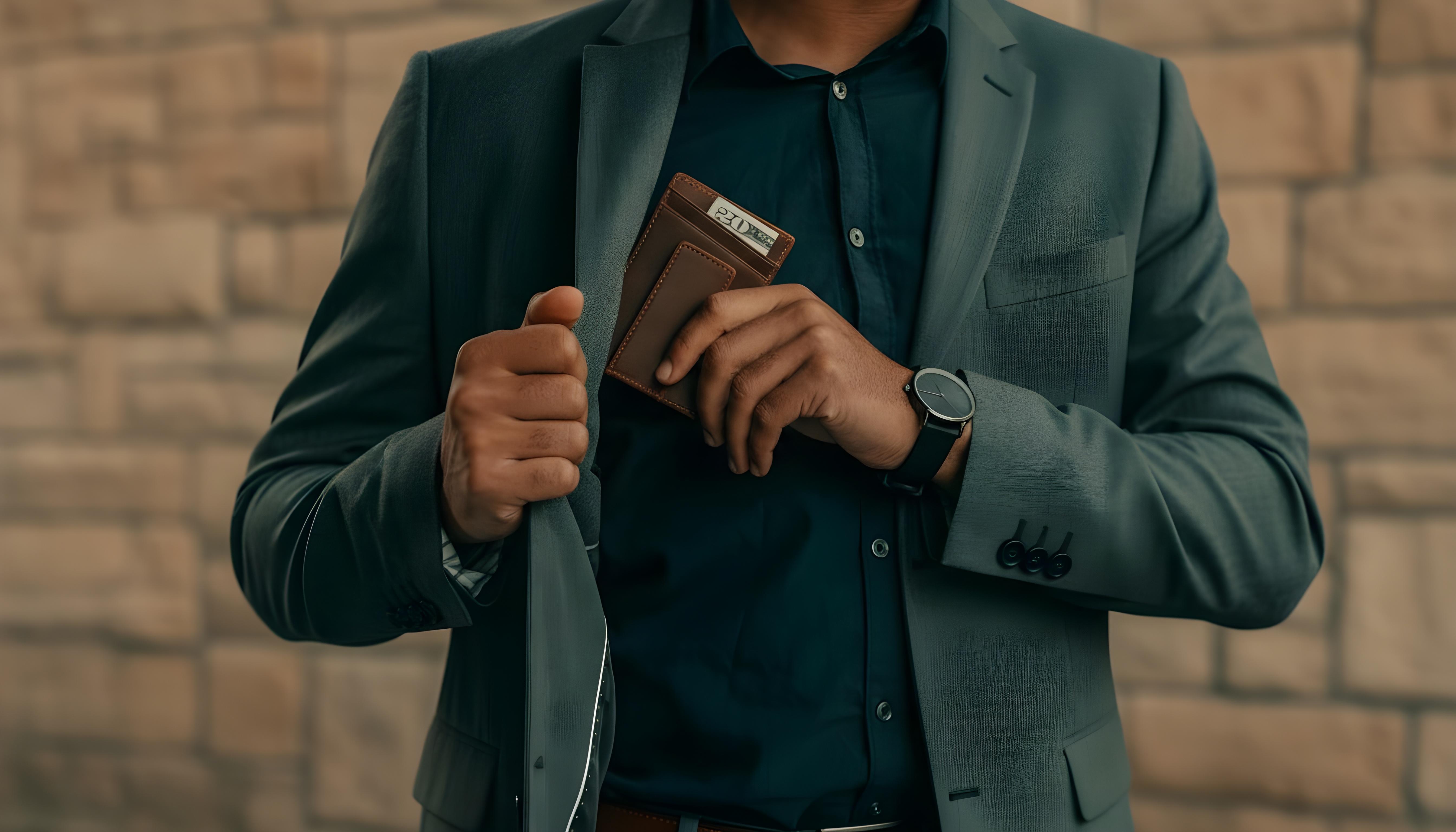 Founder in a suit holding a leather card wallet