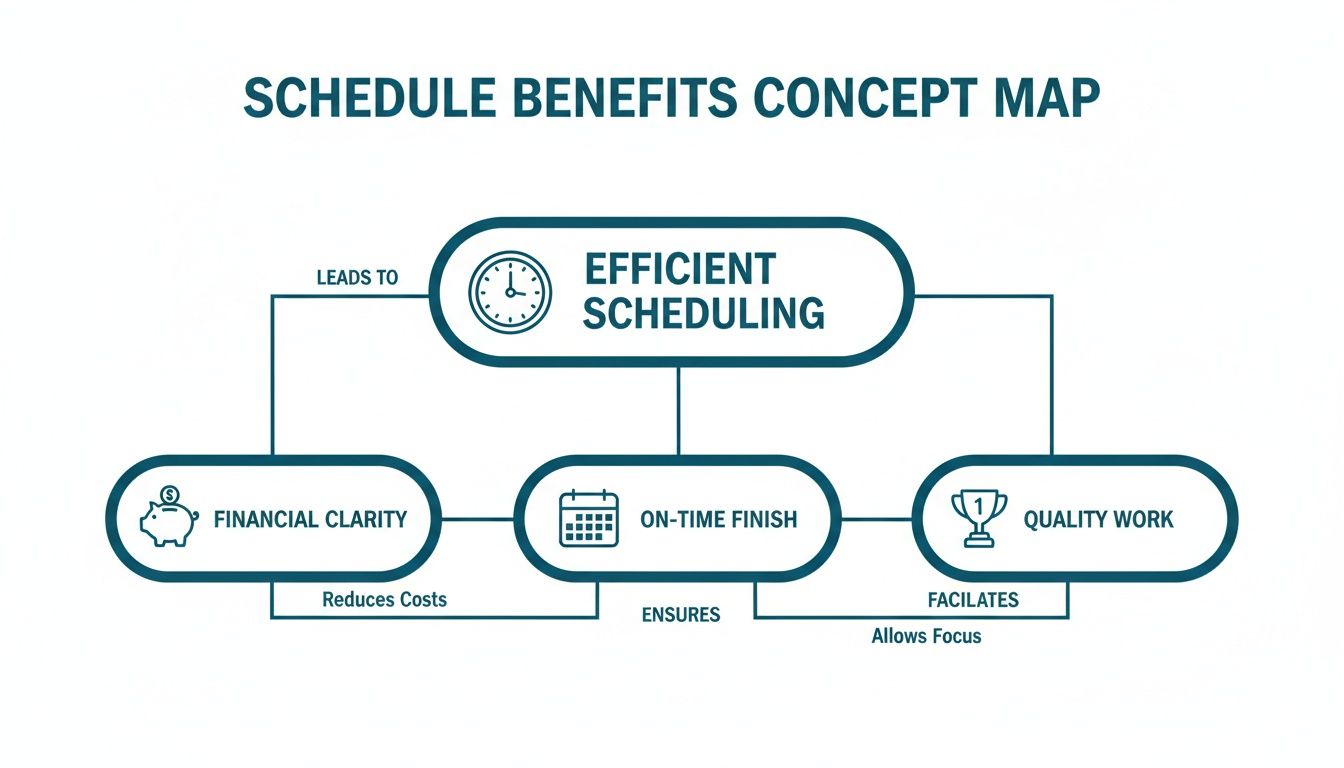 Concept map illustrating the benefits of efficient scheduling, including financial clarity, on-time finish, and quality work.