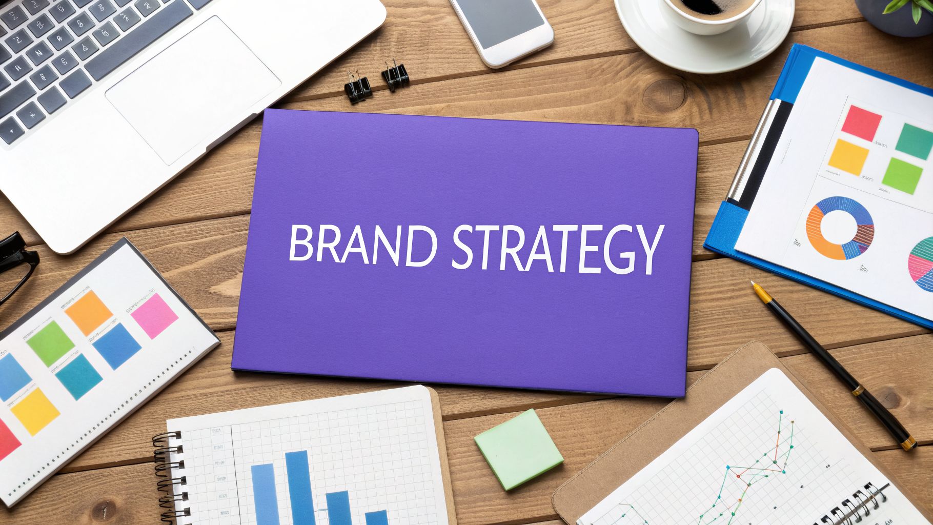 a purple card reading 'brand strategy' on a wood desk