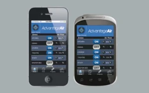 Image of early MyAir smartphone interfaces released in 2011, showcasing the flagship 10-zone ducted air-conditioning system with smart app control.