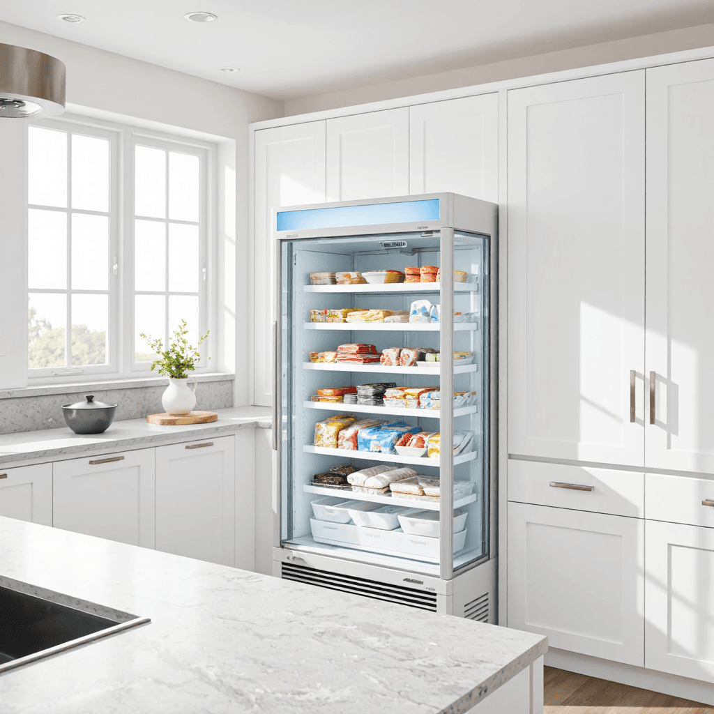 product photography of a glass display freezer for food storage
