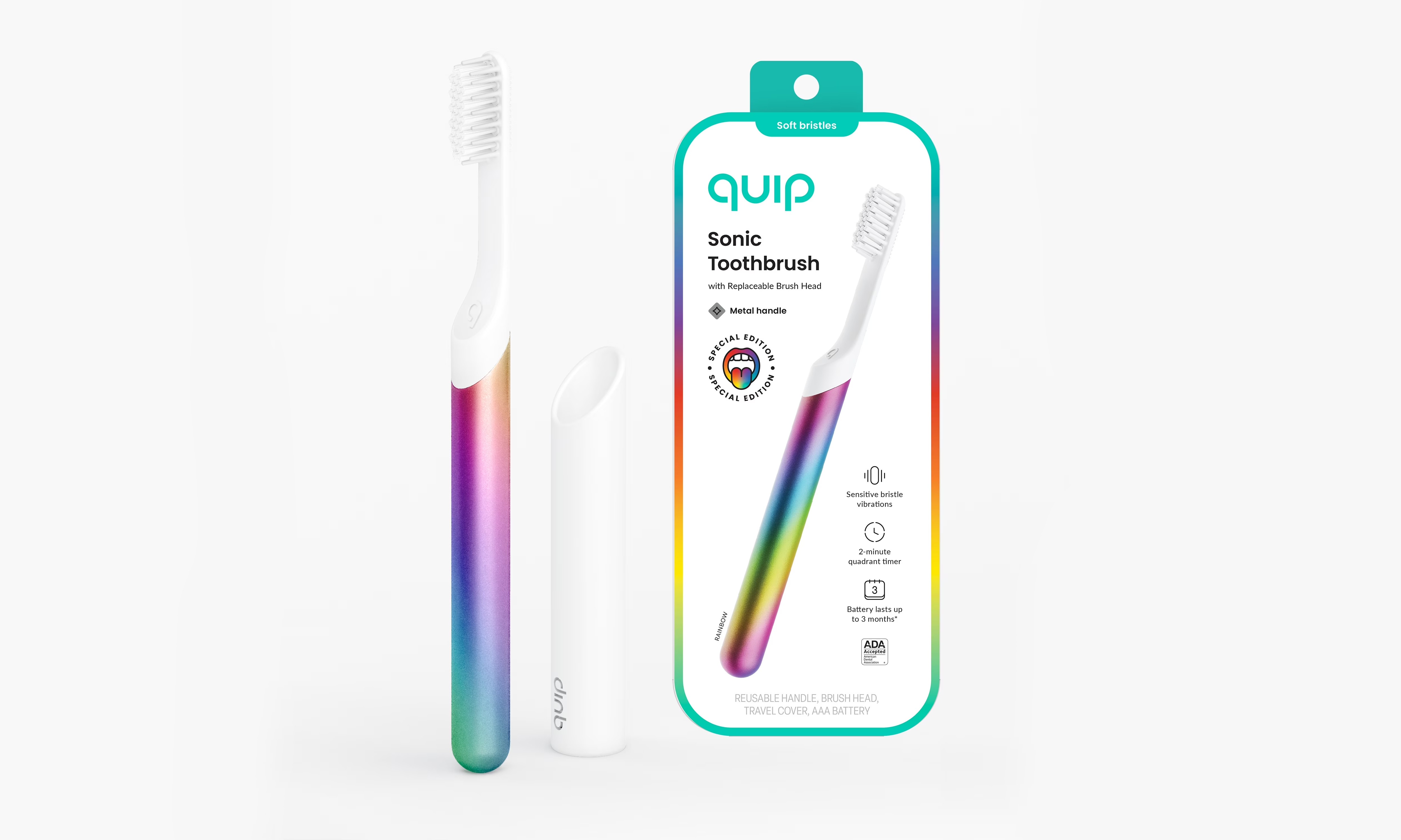 Sonic toothbrush with a rainbow metallic handle and white cover, beside its hanging retail package