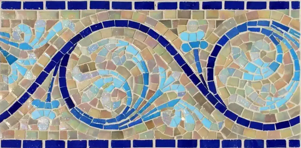 Sand Acanthus Scroll mosaic border, Sand, cobalt and turquoise, hand-cut — reference H-14, Mosaiclegs Art Studio