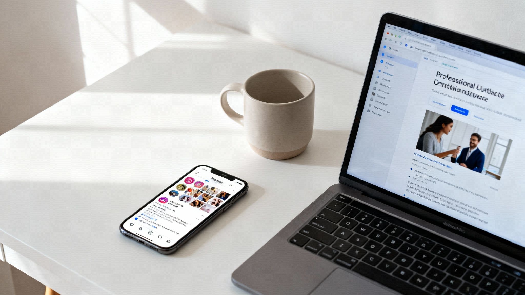 A person typing an outreach email on a laptop, with an Instagram profile visible on a nearby phone screen.