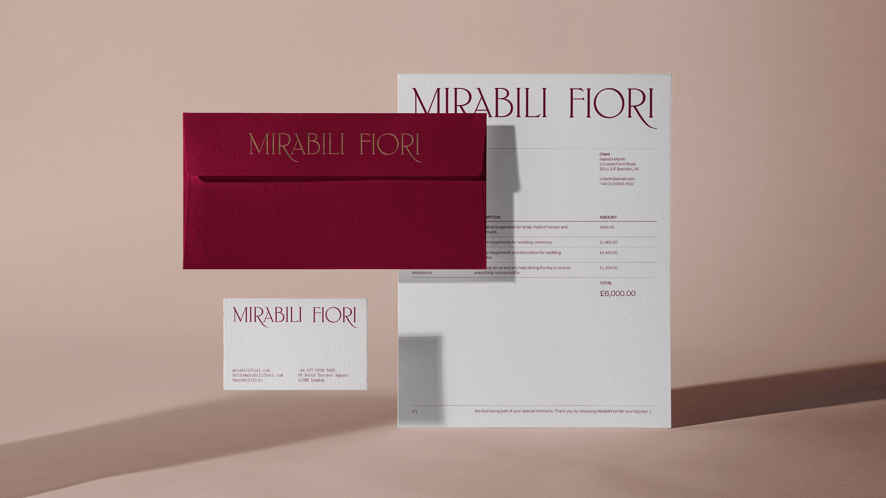 Mirabili Fiori stationery set of business card, invoice and embossed envelope