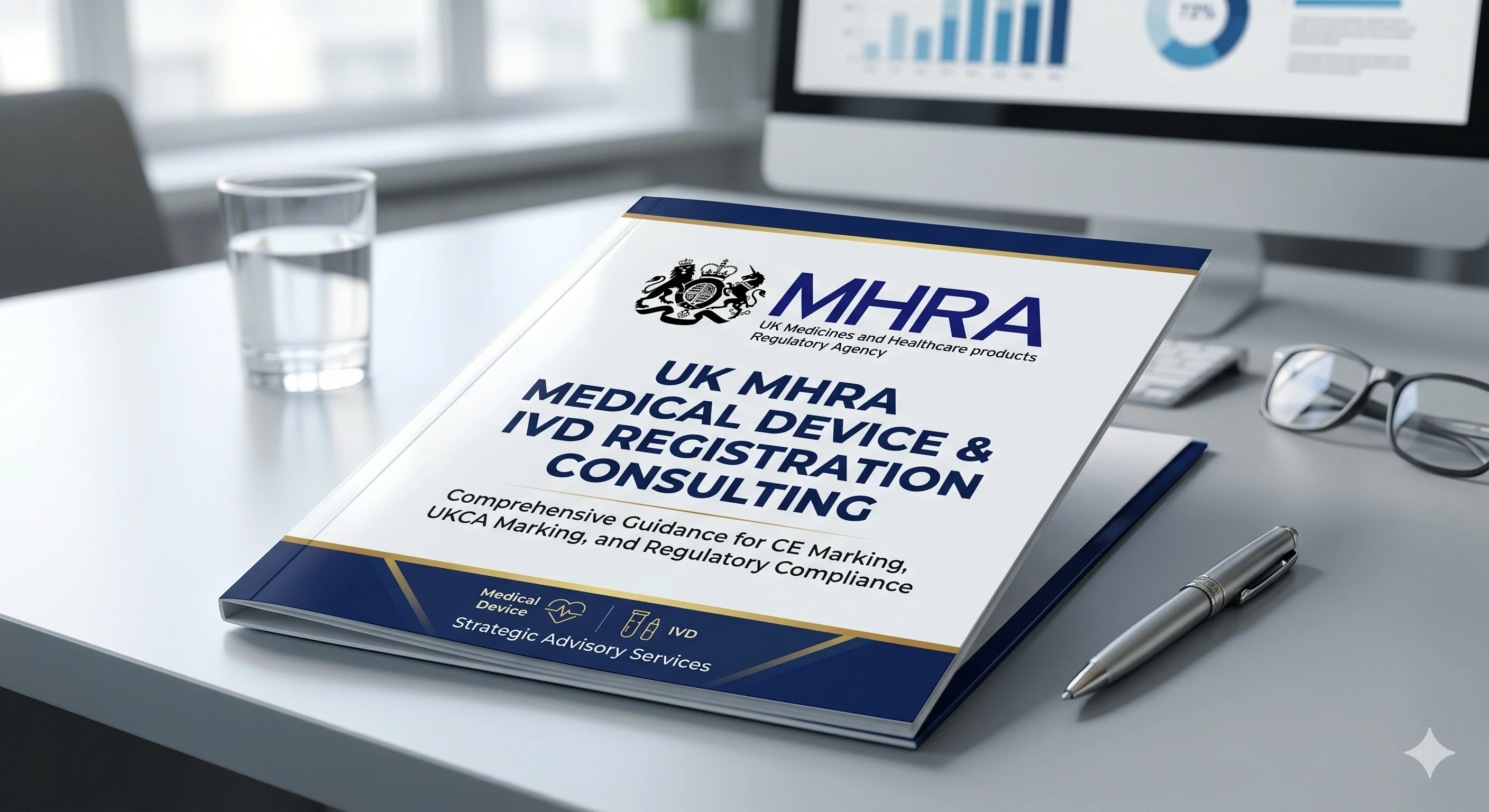 Professional consulting document folder titled 'UK MHRA Medical Device & IVD Registration Consulting' with the official MHRA logo on a desk.