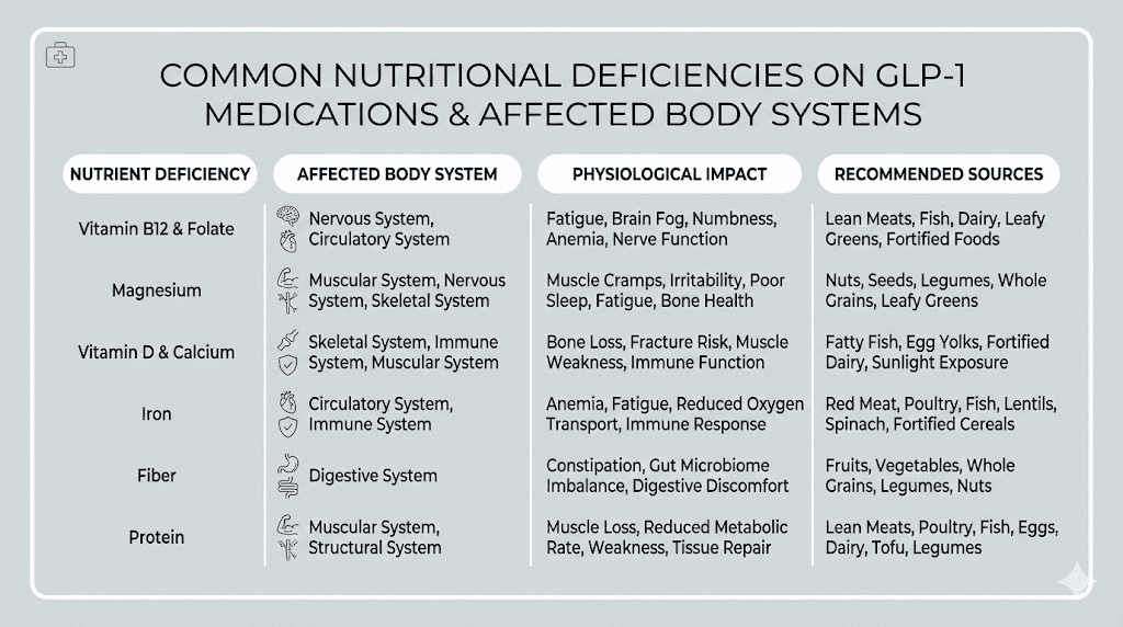 Common nutritional deficiencies on GLP-1 weight loss medications and affected body systems