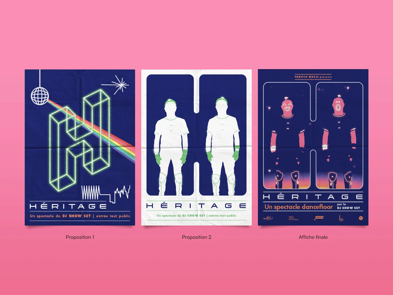 Comparatif des différentes propositions d'affiche pour le spectacle "Héritage"