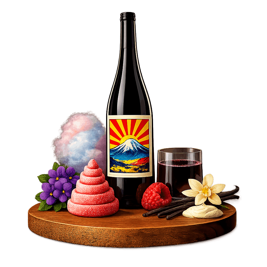 Artistic label and flavor profile for Japanese Muscat Bailey A on a rustic wooden table.