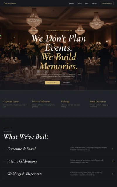 Event planner website prompt — dark charcoal and champagne gold luxury event planning cinematic website design preview
