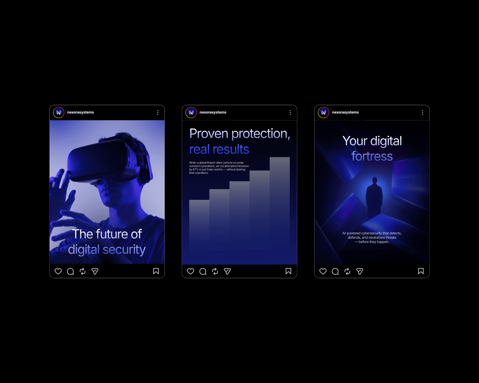 A mockup of some of Nexora Systems's social media graphics. The post designs feature the brand's signature white, black, and electric blue color palette with minimalist sans serif typogaphy, clean design, and futuristic imagery.