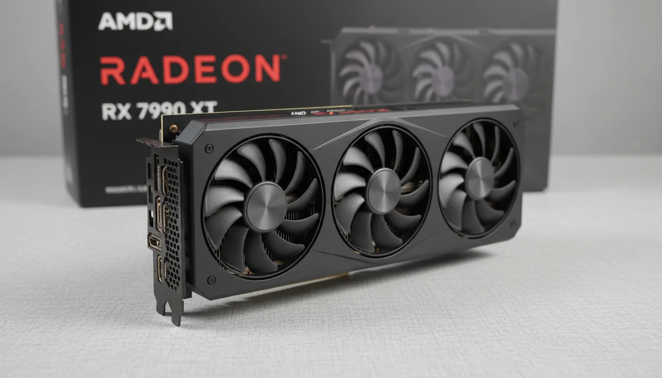 High-quality DSLR product shot of a black AMD Radeon RX 7900 XT graphics card on a light gray textured desk. The GPU, with its matte black shroud and three prominent cooling fans, is angled toward the camera in sharp focus. Behind it, the card's original black retail box is partially visible with a soft bokeh background. The scene is bathed in clean, even studio lighting, emphasizing the premium textures of the hardware.