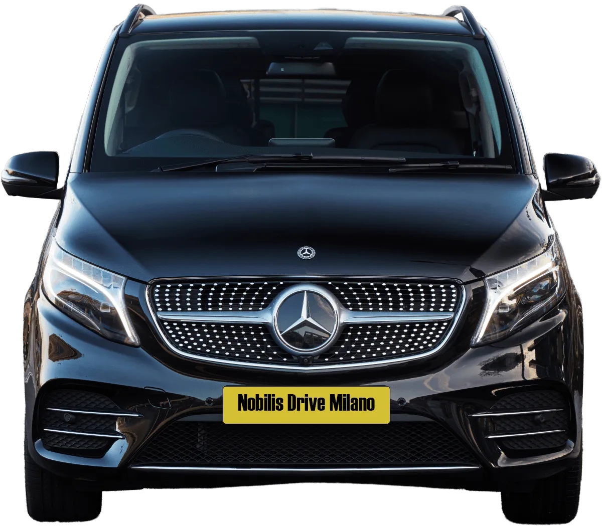 Mercedes V class with car tag name "Nobilis Drive Milano".