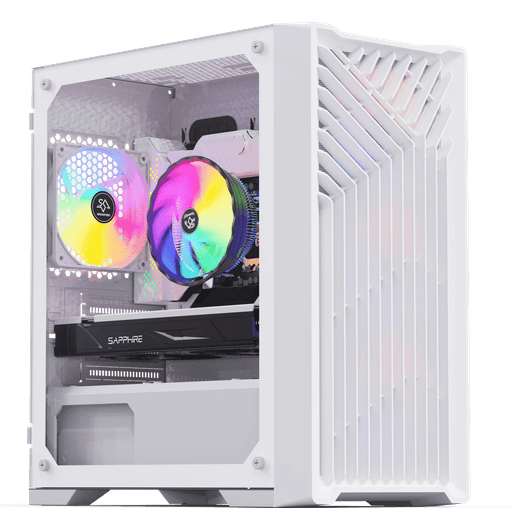 Elegant white gaming PC featuring a modern design with vibrant RGB fans visible through the side panel. Optimized for high performance, this build is ideal for gamers seeking top-tier components, including the best PC builds for 2023. Perfect for gaming configurations, modded setups, and budget-friendly gaming builds. Designed for enthusiasts who value aesthetics and efficiency, this gaming PC excels in FPS performance and online gaming experiences.