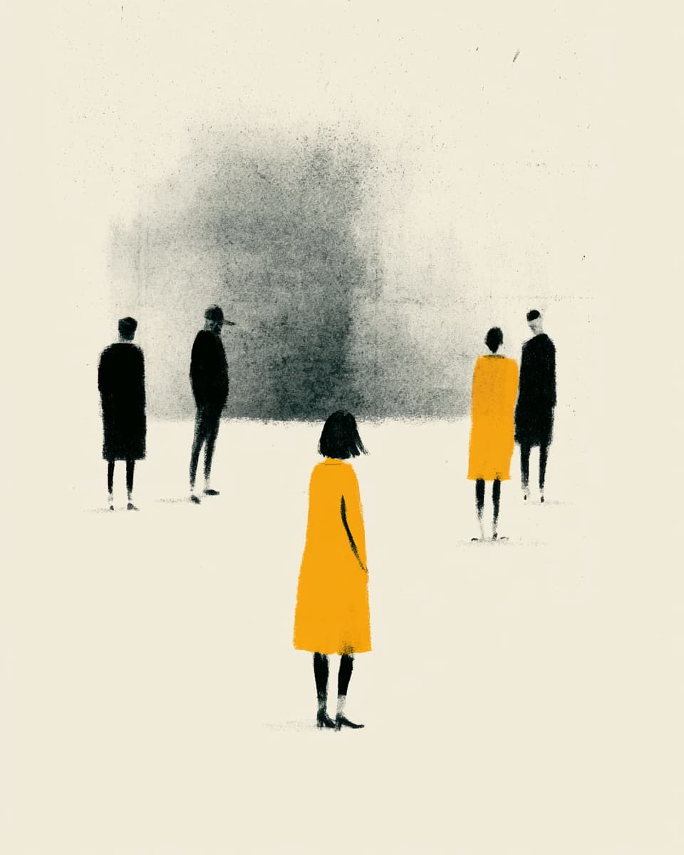 Illustration: Einsame Frau in gelbem Mantel, umgeben von Personen in Schwarz. Kunstkonzept, Isolation.