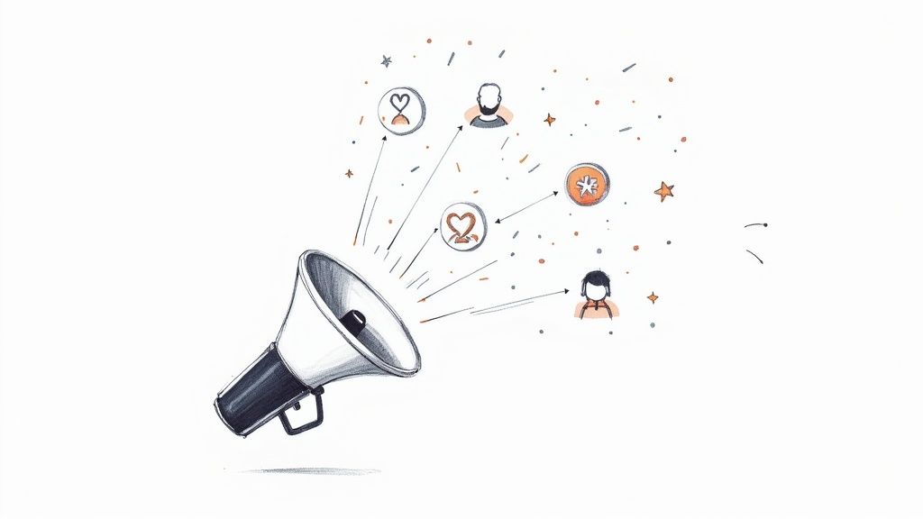 A stylized megaphone broadcasting messages and engagement icons to diverse user profiles.