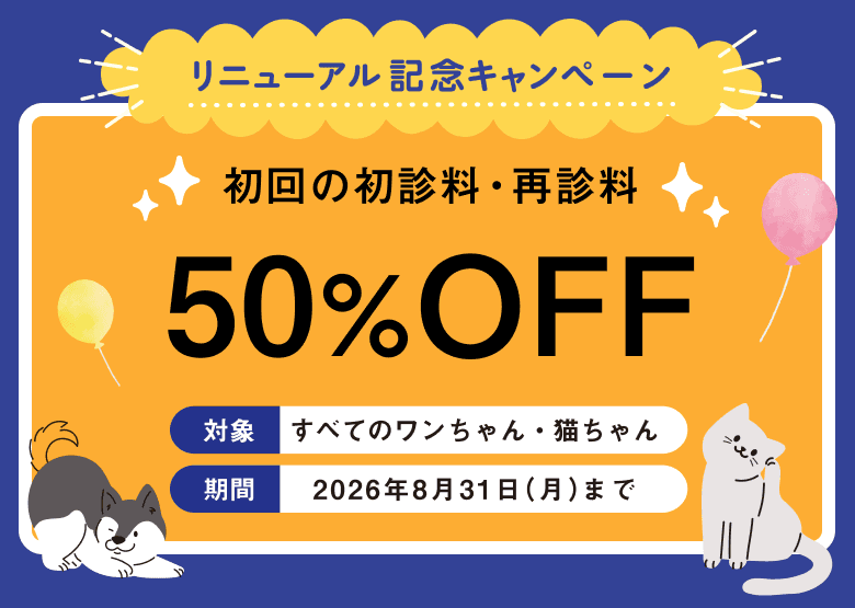 幡ヶ谷どうぶつ病院Pecoリニューアル記念キャンペーン。 初回の初診料・再診料が50%OFF。すべてのワンちゃん・猫ちゃんが対象です。2026年8月31日(月)まで。