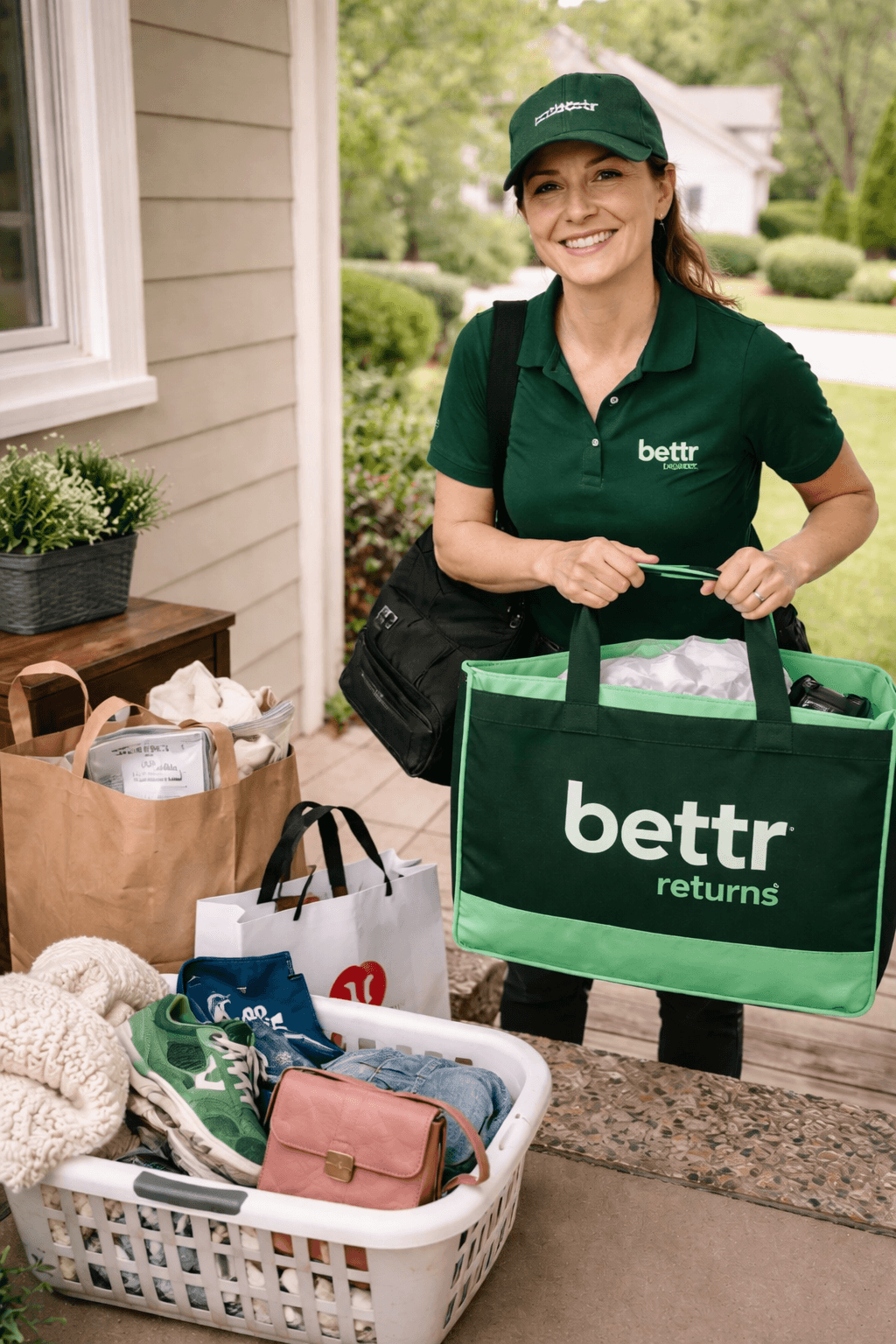 A delivery driver is holding up a bag wit the Bettr Returns logo. She is on the doorstep of a customer's home helping return the packages to the store for the customer. 