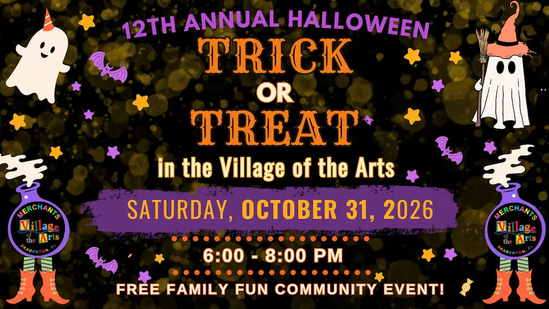 The image promotes the 12th Annual Halloween Trick or Treat event in the Village of the Arts, Bradenton, FL, featuring festive icons like ghosts, bats, and pumpkins with event details including date, time, and a note about free community fun.