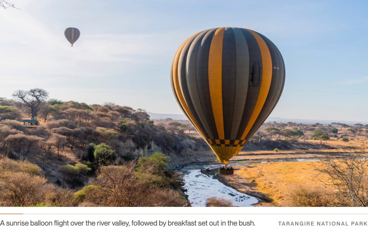 A hot air balloon drifting over the Tarangire River valley at sunrise