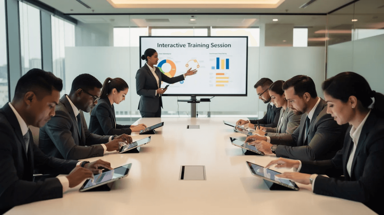Des professionnels participent à une session de formation interactive, utilisant des tablettes pour échanger sur des enjeux liés à la responsabilité sociétale des entreprises (RSE) et au développement durable. L'image illustre une dynamique d'apprentissage collaboratif, où les participants intègrent des compétences essentielles pour la mise en œuvre de stratégies durables.