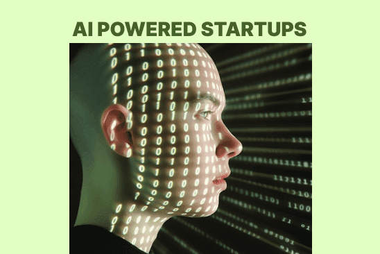 Man's face with binary code projected on it, representing AI Powered Startups.