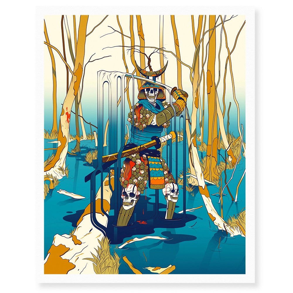 This Giclée art print features a spectral samurai emerging from a forest swamp—armored, defiant, and caught between life and death. A striking blend of folklore, nature, and warrior spirit.
