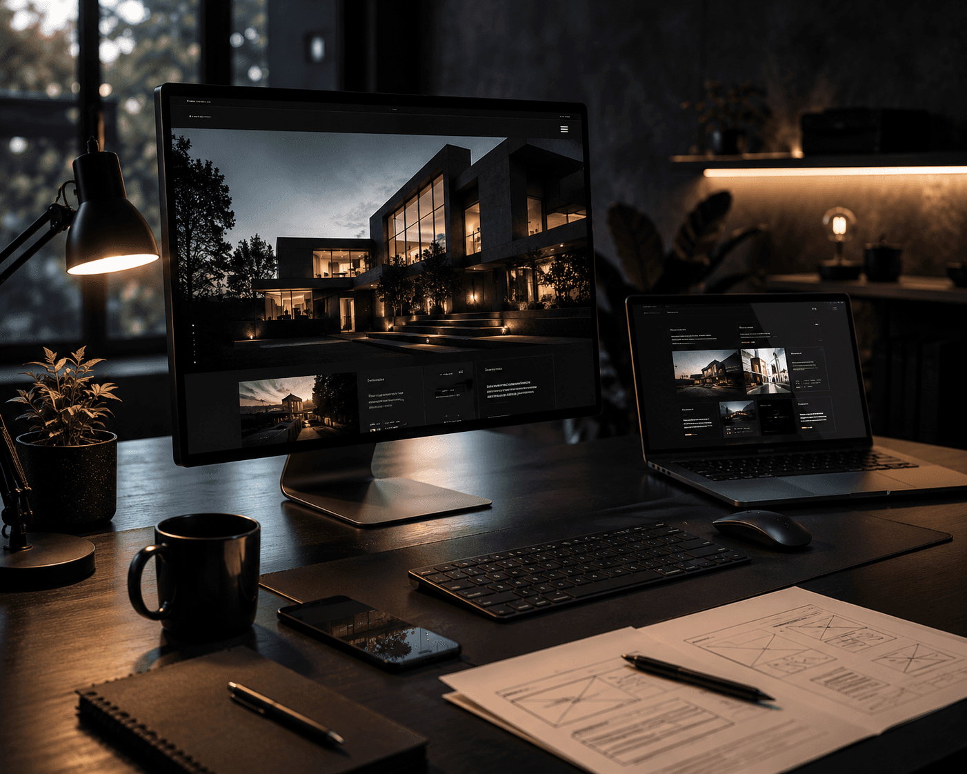 A modern workspace features a sleek computer monitor and a laptop displaying architectural design software, accompanied by a keyboard, a smartphone, and architectural sketches on a wooden desk, all under ambient low lighting, suggesting a professional and creative environment for graphic design by OQS.
