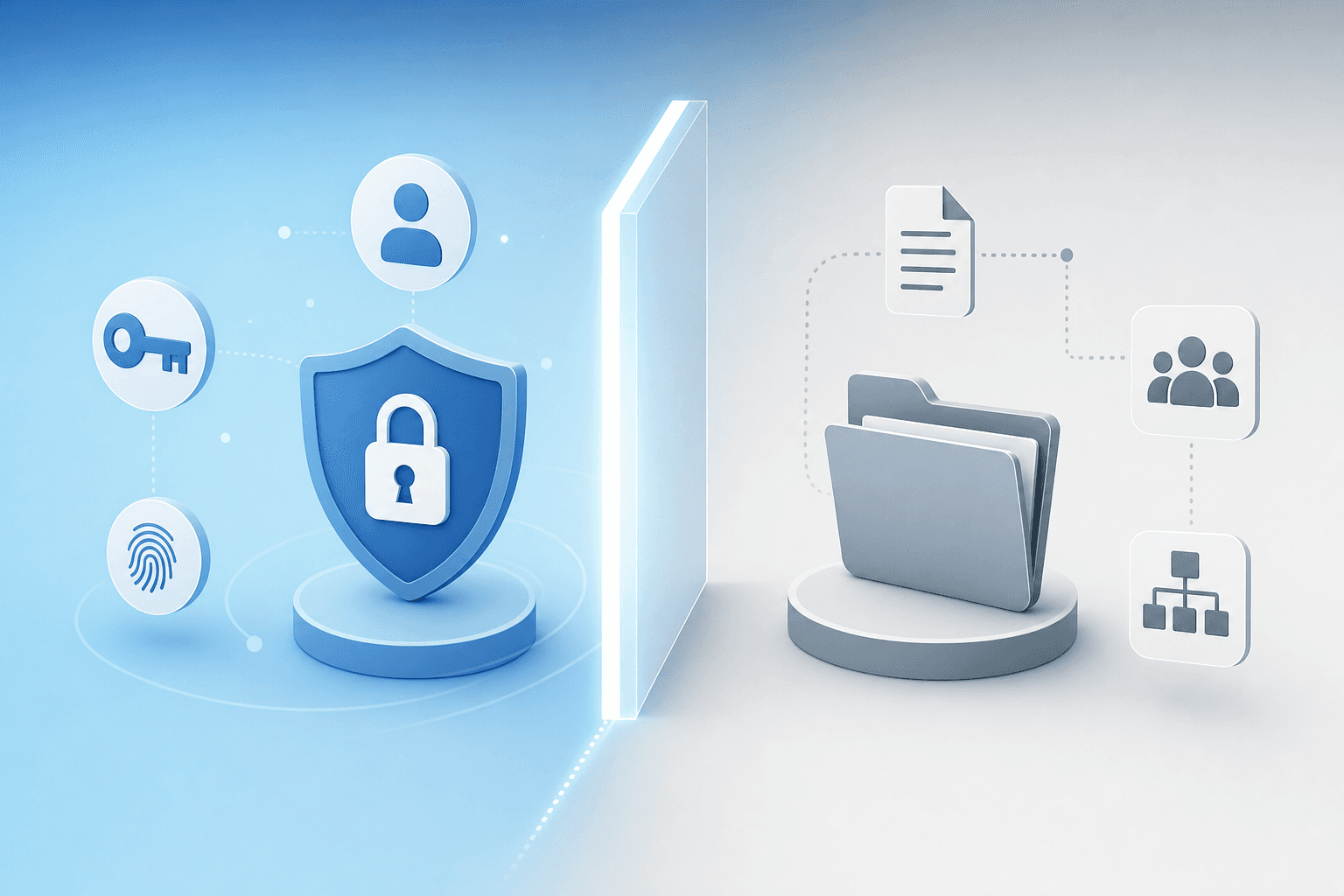 A modern, minimal illustration showing a boundary or dividing line between two areas. On one side, represent authentication concepts with abstract icons like a key, shield, or lock. On the other side, represent access management with icons like folders, documents, or organizational structures. Use a clean, professional color palette with blues and grays. The style should be business-focused and conceptual, showing where one domain ends and another begins. No text, labels, or letters should appear in the image.