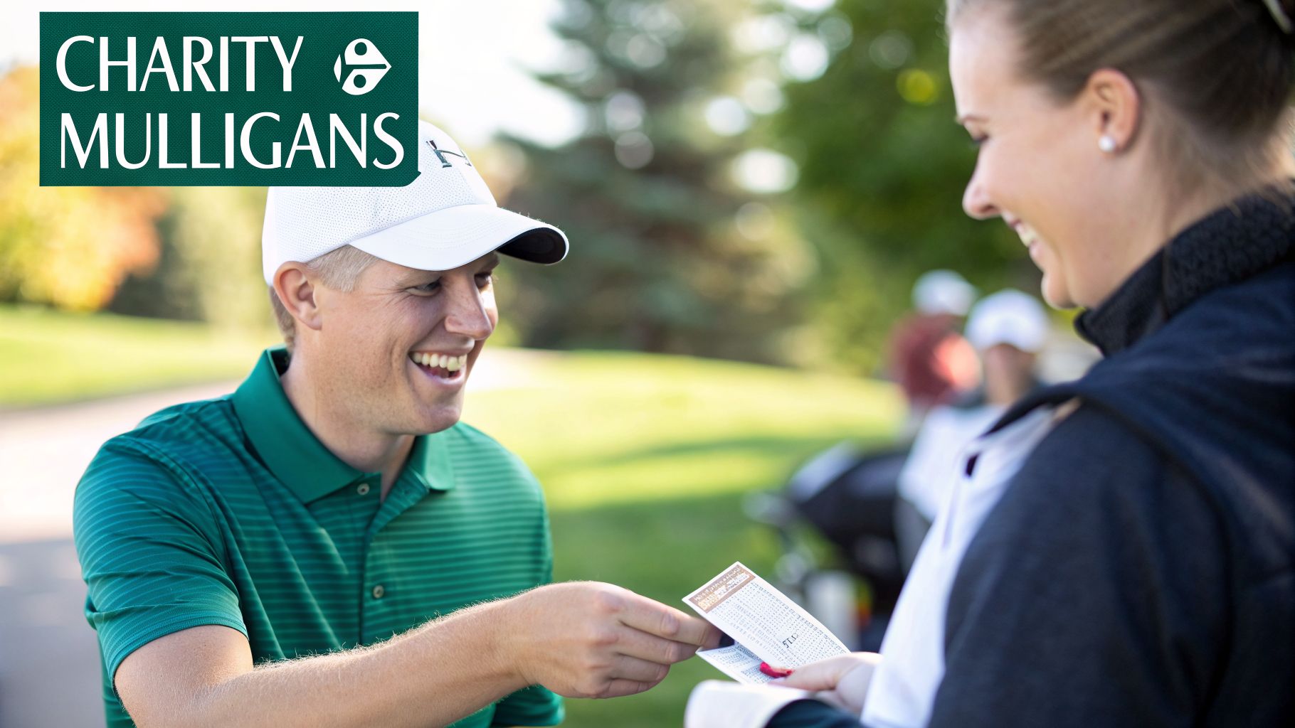 A smiling golfer in a green shirt hands a scorecard to a woman at a golf event.